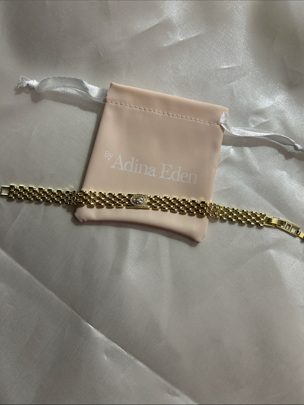 Adina Eden Gold Link Bracelet with Pale Lilac Oval Crystal In a CZ Halo Setting - Picture 3 of 6
